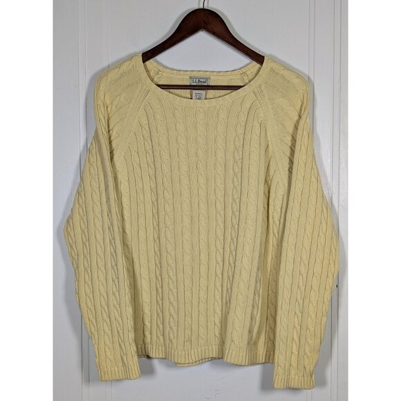 LL Bean Sweater Womens Size XL Yellow Fisherman's Cable Knit Cotton Pullover - Picture 1 of 3